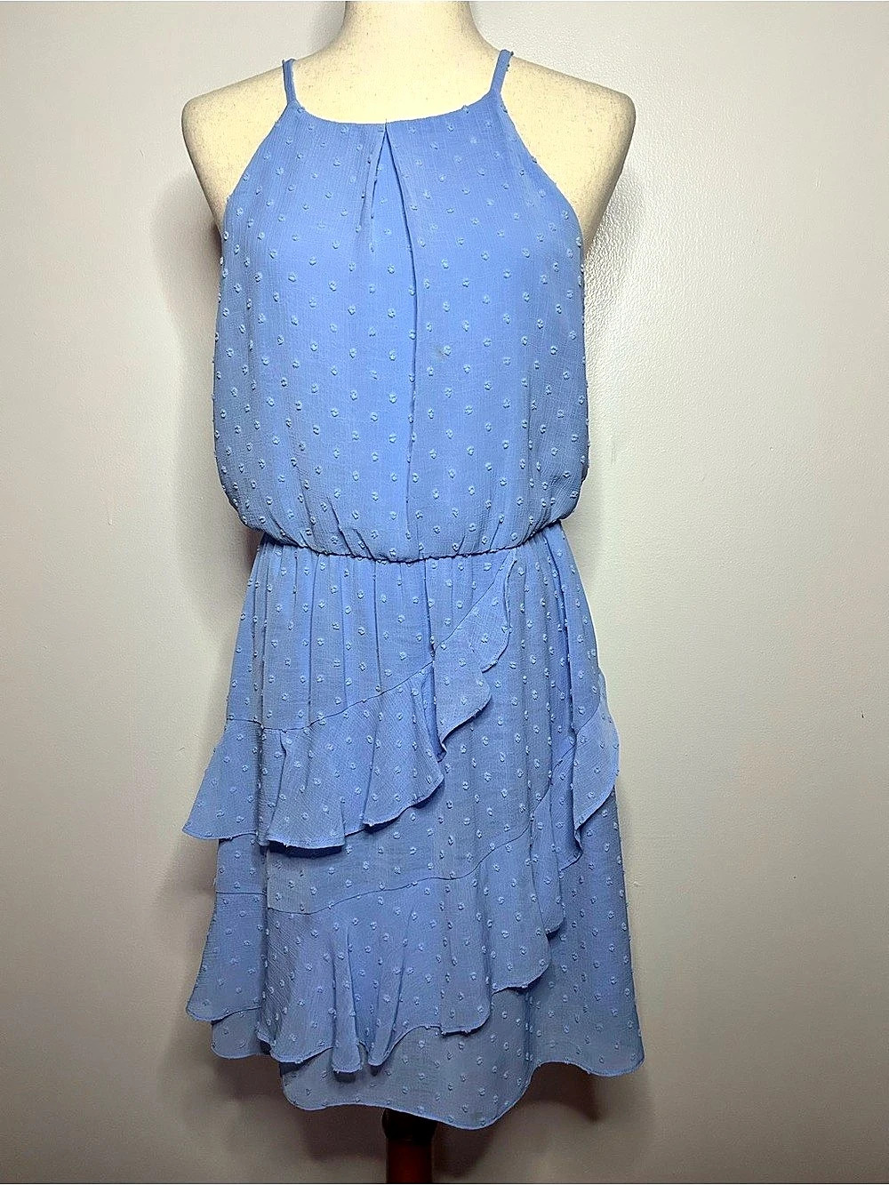 BCX DRESS Blue Ruffle Dotted Textured Mini Dress w/Elastic Waist - Size Medium